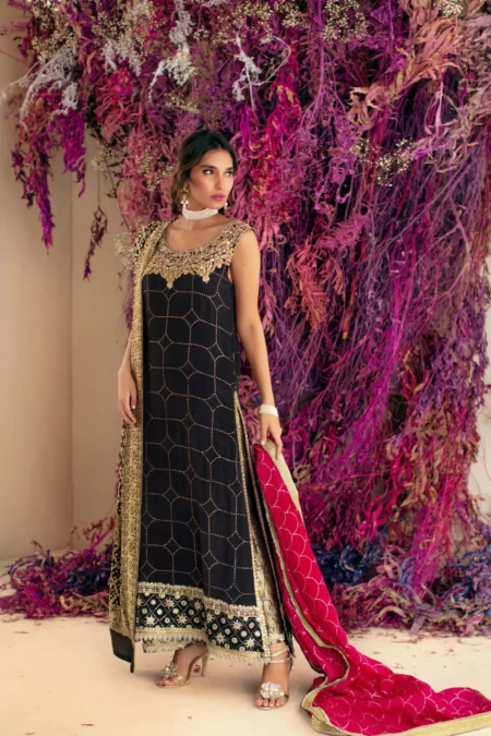 Black Mukaish Angarkha With Gold & Silver Work Paired With Jamavar Azaar – SHK-1019
