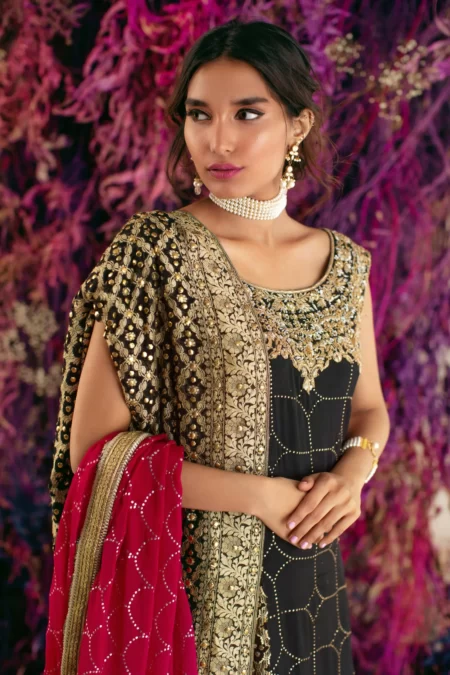 Black Mukaish Angarkha With Gold & Silver Work Paired With Jamavar Azaar – SHK-1019 - Image 3