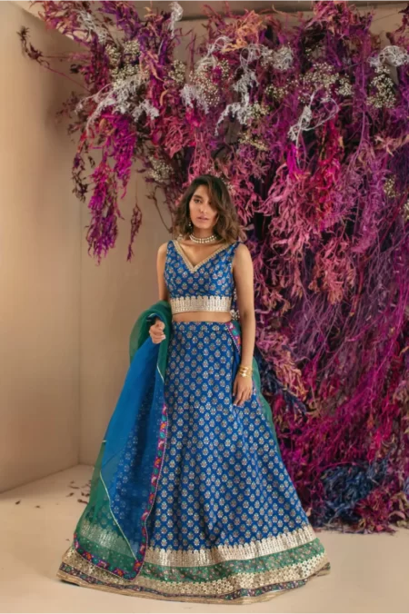 Electric blue lehenga with blockprint & gotaa detailing paired with halterneck choli & organza dupatta – SHK-1027