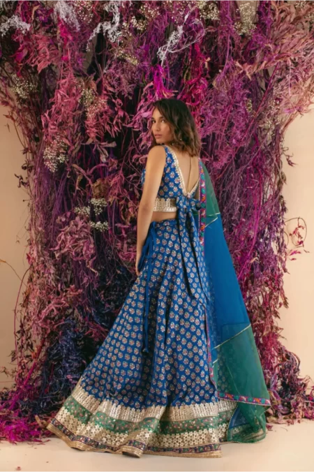 Electric blue lehenga with blockprint & gotaa detailing paired with halterneck choli & organza dupatta – SHK-1027 - Image 3