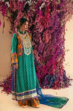 Emerald green blockprinted kaftan with gotaa work paired with azaar & dupatta – SHK-1025