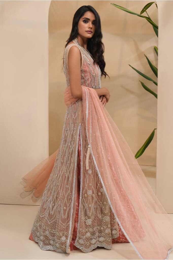 Frosty Gown With Lehenga And Dupatta - Image 5