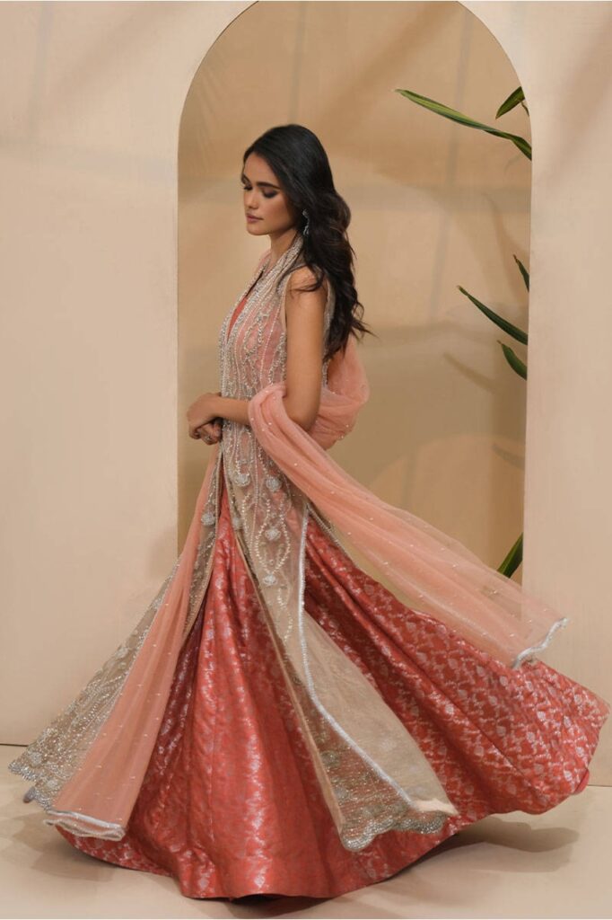 Frosty Gown With Lehenga And Dupatta - Image 3