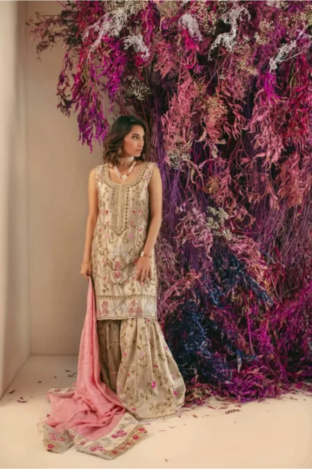 Gold shirt with pink fauna detailing paired with coordinated gharara & pink mukaish dupatta – SHK-1021 - Image 3