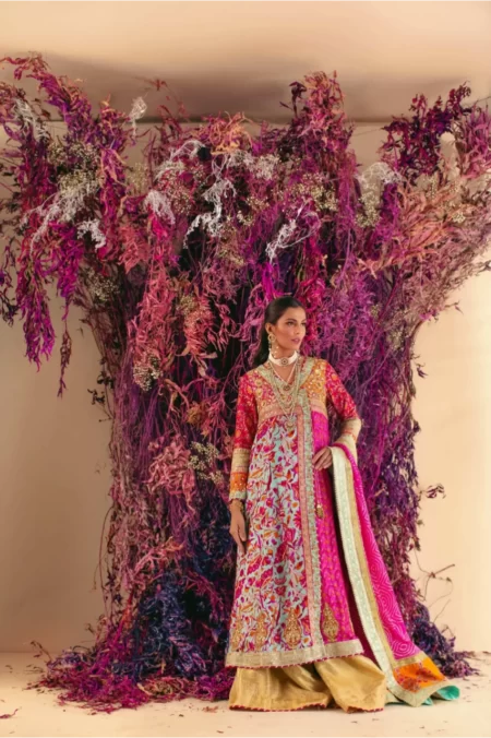 Hot pink & ferozi blockprinted angarkha with gotaa work paired with jamavar azaar & hot pink mukaish dupatta – SHK-1016