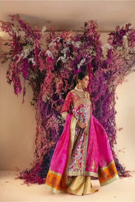 Hot pink & ferozi blockprinted angarkha with gotaa work paired with jamavar azaar & hot pink mukaish dupatta – SHK-1016 - Image 2
