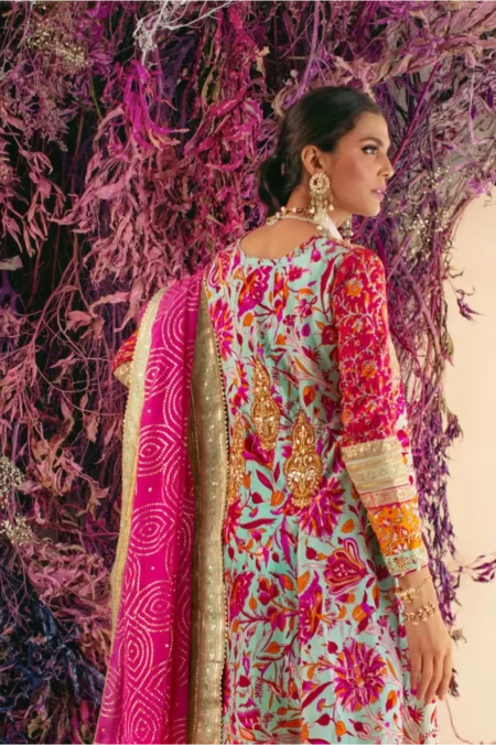 Hot pink & ferozi blockprinted angarkha with gotaa work paired with jamavar azaar & hot pink mukaish dupatta – SHK-1016 - Image 3