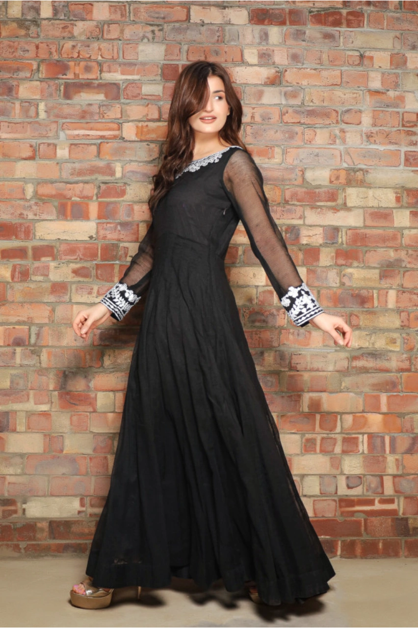Gown : Black georgette print and embroidered anarkali gown