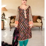 Black printed and marori work top with border paired with printed organza Dupatta
