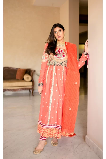 Peach And Coral Peshwas With Churidar Pajama
