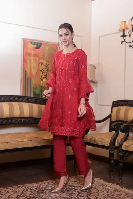 Pretty Red Embroidered Organza 3 Pc - Image 2