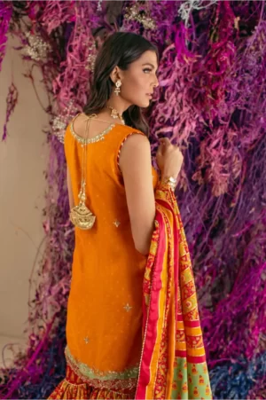 Orange cotton net shirt with zari & gotaa detailing paired with orange & red blockprinted gharara & dupatta – SHK-1024