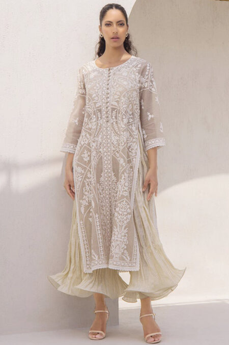 Ivory Khaddi Silk Embroidered Front Open Kurta Paired With Crushed Two-Legged Dhaka Trousers