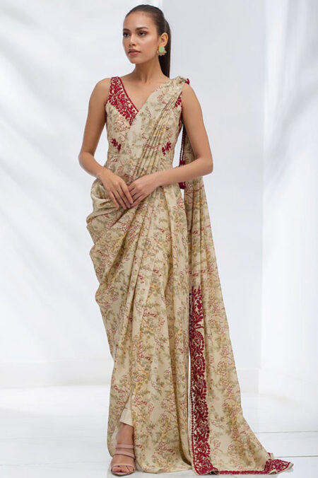 Sand Coloured Khaddi Silk Draped Sari With Crop Trousers
