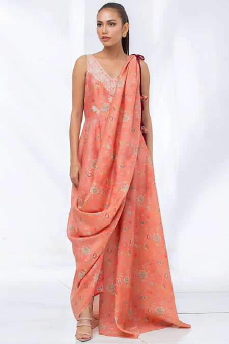 Coral Peach Khaddi Silk Draped Sari With Crop Trousers