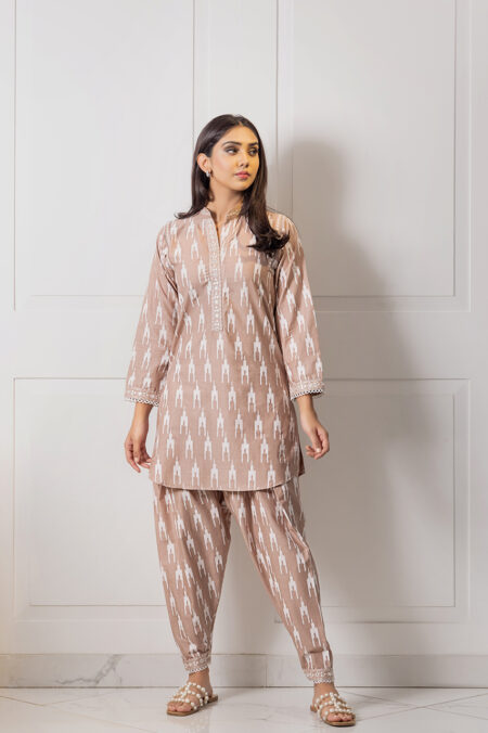 Beige Irish White Mirror Embroided Shirt With Shalwar | SHK 910