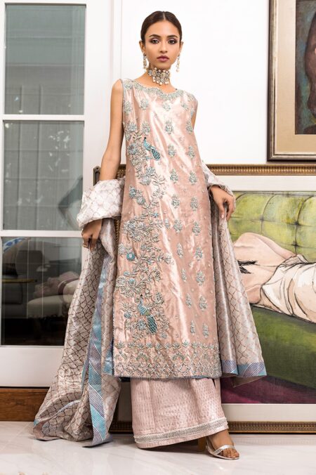 Tea Pink Masoori Silver Hand Work Shirt With Blue & Ferozi Detaling | SHBK-323