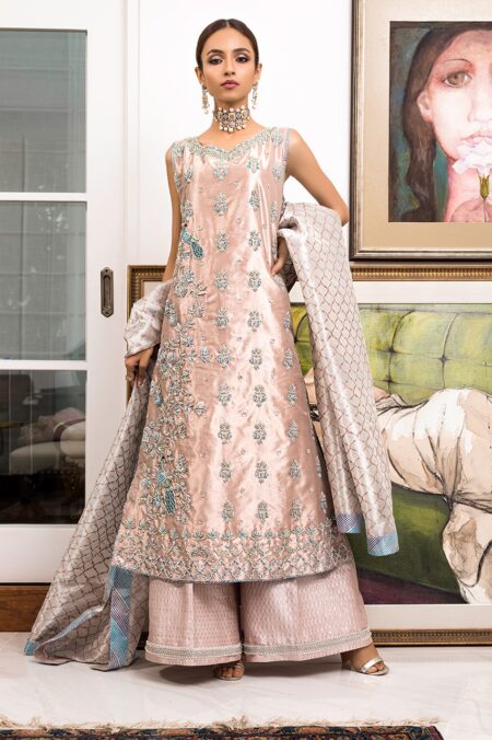Tea Pink Masoori Silver Hand Work Shirt With Blue & Ferozi Detaling | SHBK-323 - Image 2