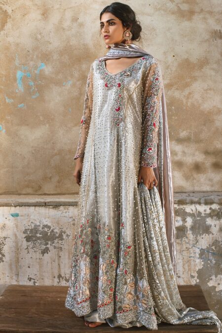 Grey Net Silver Hand Work& Pearl Detaling Shirt With Masoori Box Daman | SHBK-540