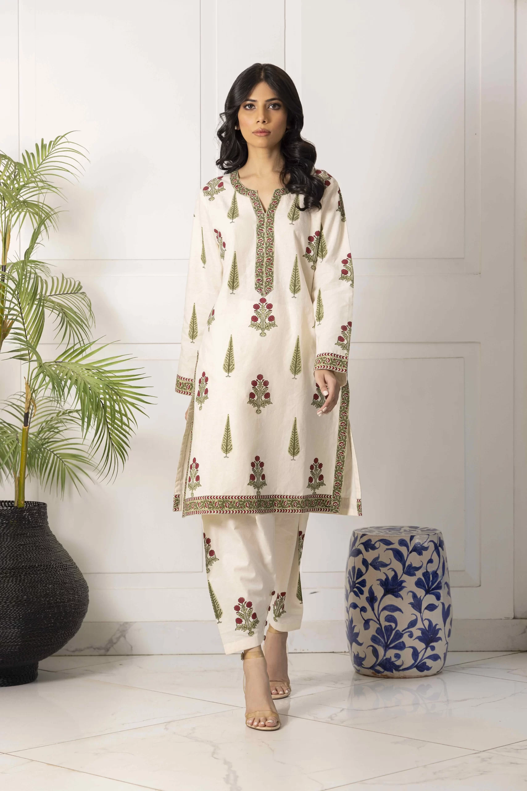 Off-white block printed cotton shirt with matching shalwar with ...