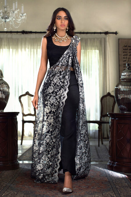 Black Chantilly Lace Strucured Pant Saree With Blouse | SHK-685