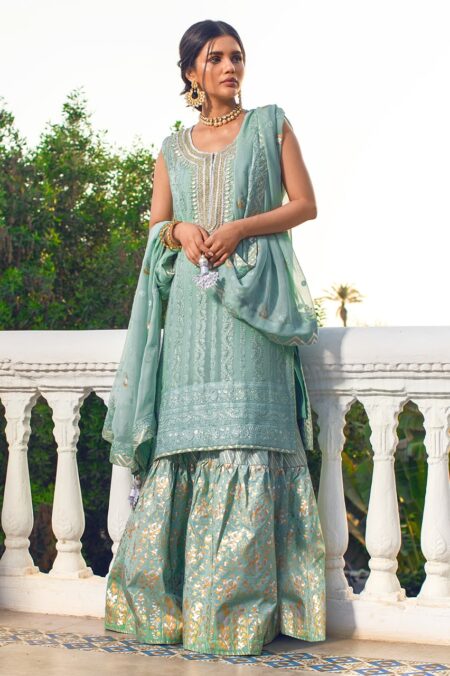 Sea Green Chiffon Gold & Silver Chikan Kaari Gotta Work Shirt | SHK-410
