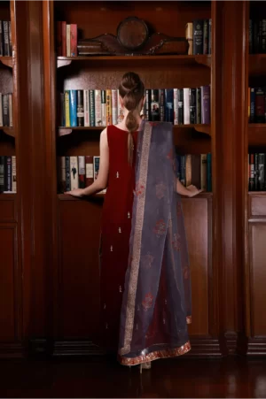Maroon Long Shirt with Fauna Detailing Paired with Matching Velvet Pants & Gold Mysore Silk Dupatta - SHK-1042