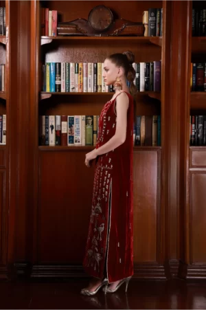 Maroon Long Shirt with Fauna Detailing Paired with Matching Velvet Pants & Gold Mysore Silk Dupatta - SHK-1042