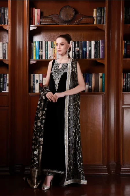 Black Velvet Long Shirt with Antique Gold Embellishment Paired with Matching Azaar Pants - SHK-1044