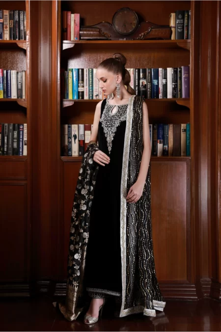 Black Velvet Long Shirt with Antique Gold Embellishment Paired with Matching Azaar Pants - SHK-1044 - Image 2