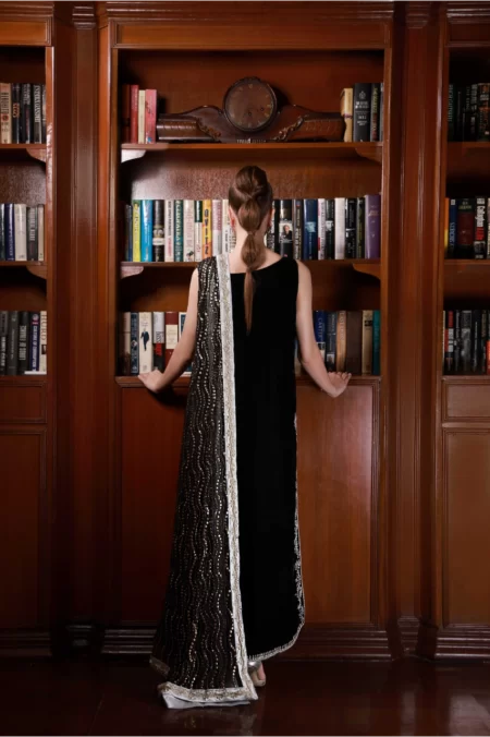Black Velvet Long Shirt with Antique Gold Embellishment Paired with Matching Azaar Pants - SHK-1044 - Image 4