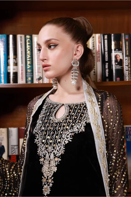 Black Velvet Long Shirt with Antique Gold Embellishment Paired with Matching Azaar Pants - SHK-1044 - Image 5