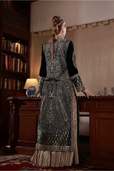 Emerald Green Jacket with Kashmiri Inspired Embroidery & Hand-worked Embellishments with Matching Pants & slip - SHK-1041 - Image 3