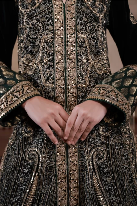 Emerald Green Jacket with Kashmiri Inspired Embroidery & Hand-worked Embellishments with Matching Pants & slip - SHK-1041 - Image 5
