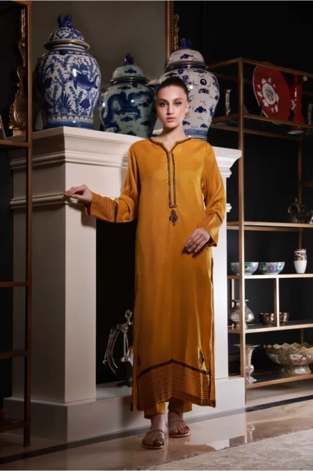 Mustard Long Shirt with Embroidered Detailing with Matching Capri - SHK-1037