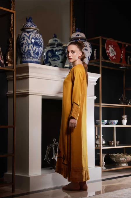 Mustard Long Shirt with Embroidered Detailing with Matching Capri - SHK-1037 - Image 3