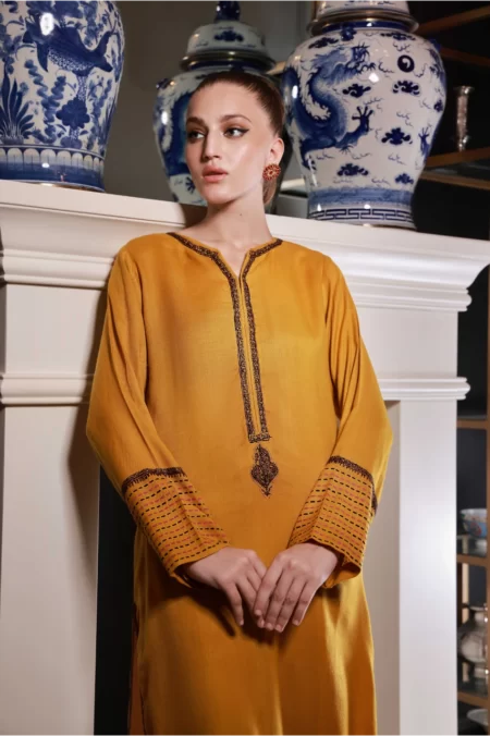 Mustard Long Shirt with Embroidered Detailing with Matching Capri - SHK-1037 - Image 4