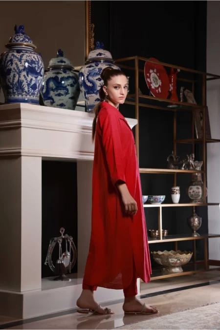 Hot Pink Karandi Front Open Long Shirt with Matching Capri Pants - SHK-1038 - Image 3