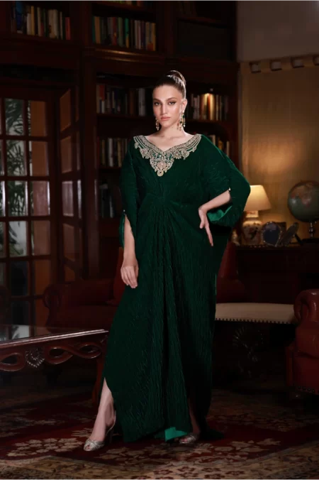 Green Crushed Velvet Kaftan with Silver & Gold Detailing - SHK-1043