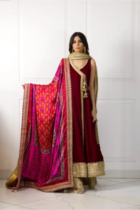 Maroon Velvet Anarkali with Gotaa Detailing Paired with Crushed Gold Azaar Pants & Dupatta - SHK-1048