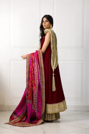 Maroon Velvet Anarkali with Gotaa Detailing Paired with Crushed Gold Azaar Pants & Dupatta - SHK-1048