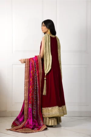 Maroon Velvet Anarkali with Gotaa Detailing Paired with Crushed Gold Azaar Pants & Dupatta - SHK-1048