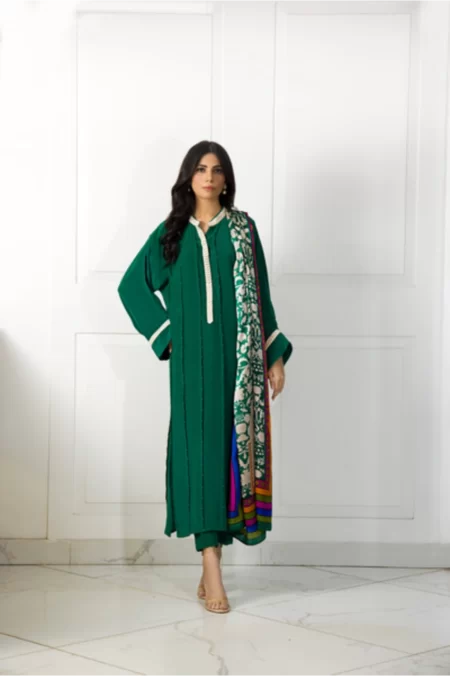 Emerald Green Pleated Long Shirt with Pearl Detailing with Capri Pants & Block Printed Dupatta - SHK-1047 - Image 2