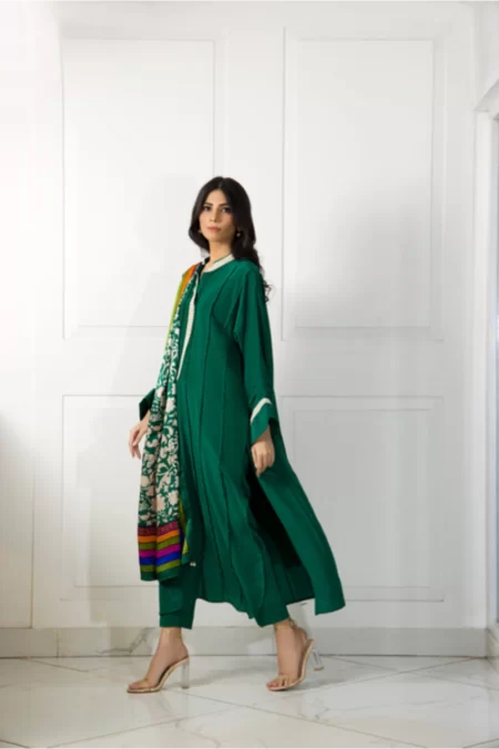 Emerald Green Pleated Long Shirt with Pearl Detailing with Capri Pants & Block Printed Dupatta - SHK-1047 - Image 3