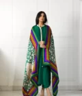 Emerald Green Pleated Long Shirt with Pearl Detailing with Capri Pants & Block Printed Dupatta - SHK-1047