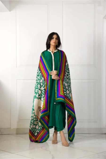 Emerald Green Pleated Long Shirt with Pearl Detailing with Capri Pants & Block Printed Dupatta - SHK-1047
