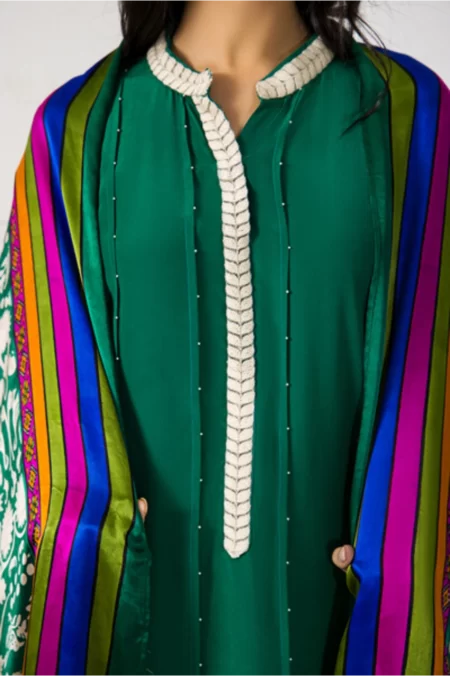 Emerald Green Pleated Long Shirt with Pearl Detailing with Capri Pants & Block Printed Dupatta - SHK-1047 - Image 4
