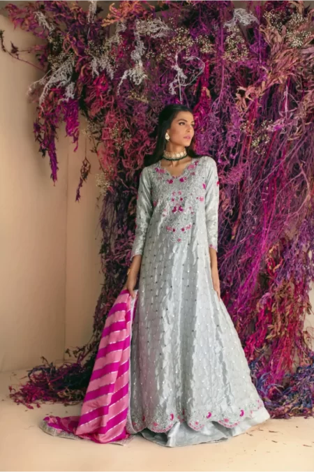 Silver anarkali with pink detailing with jamavar azaar & pink dupatta – SHK-1023