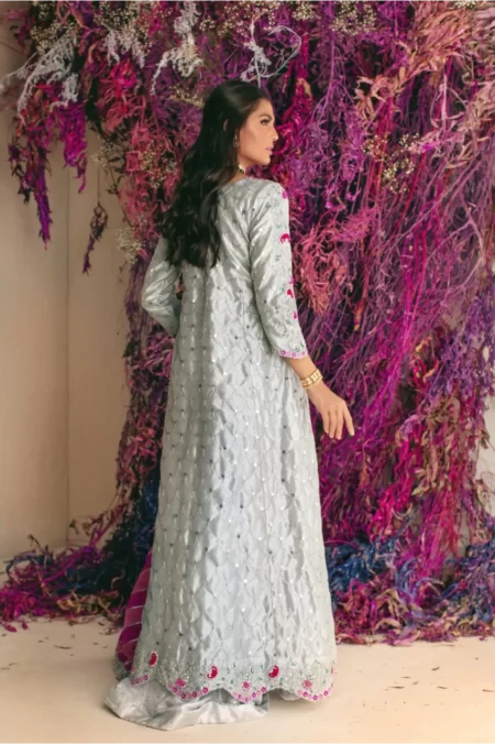 Silver anarkali with pink detailing with jamavar azaar & pink dupatta – SHK-1023 - Image 2