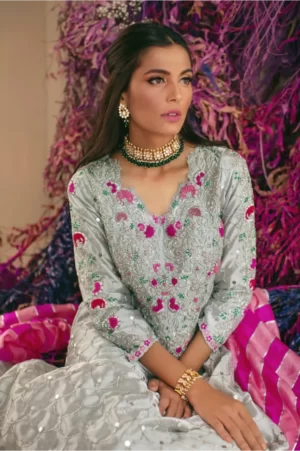 Silver anarkali with pink detailing with jamavar azaar & pink dupatta – SHK-1023